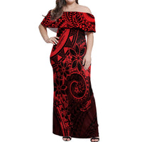Polynesian Sunset Plumeria Off Shoulder Maxi Dress Red Polynesian Tattoo