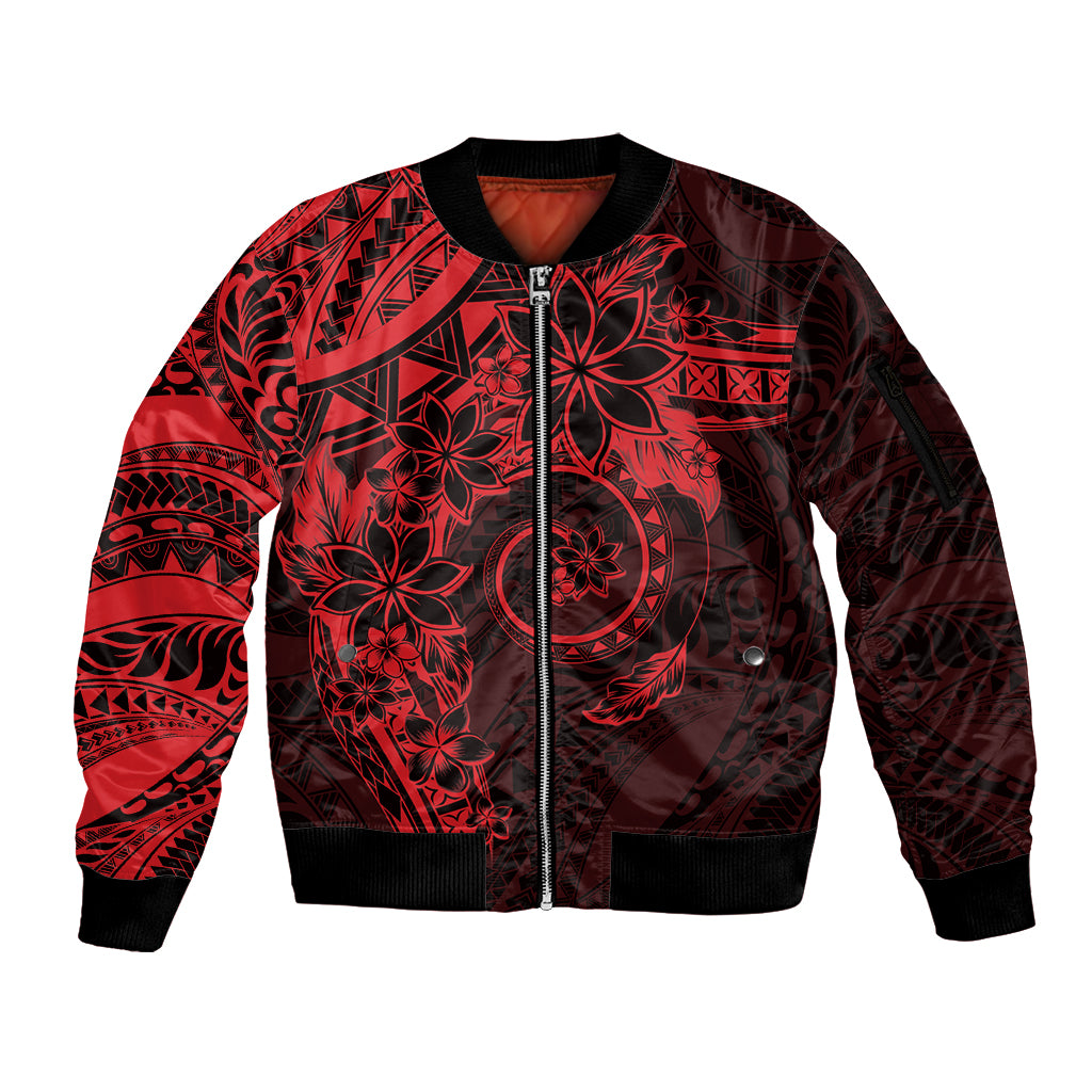 Polynesian Sunset Plumeria Sleeve Zip Bomber Jacket Red Polynesian Tattoo