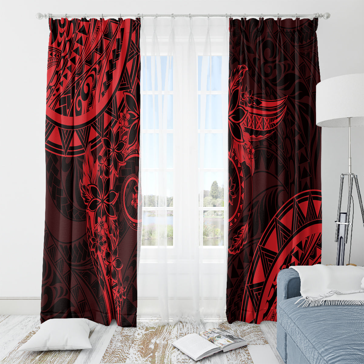 Polynesian Sunset Plumeria Window Curtain Red Polynesian Tattoo