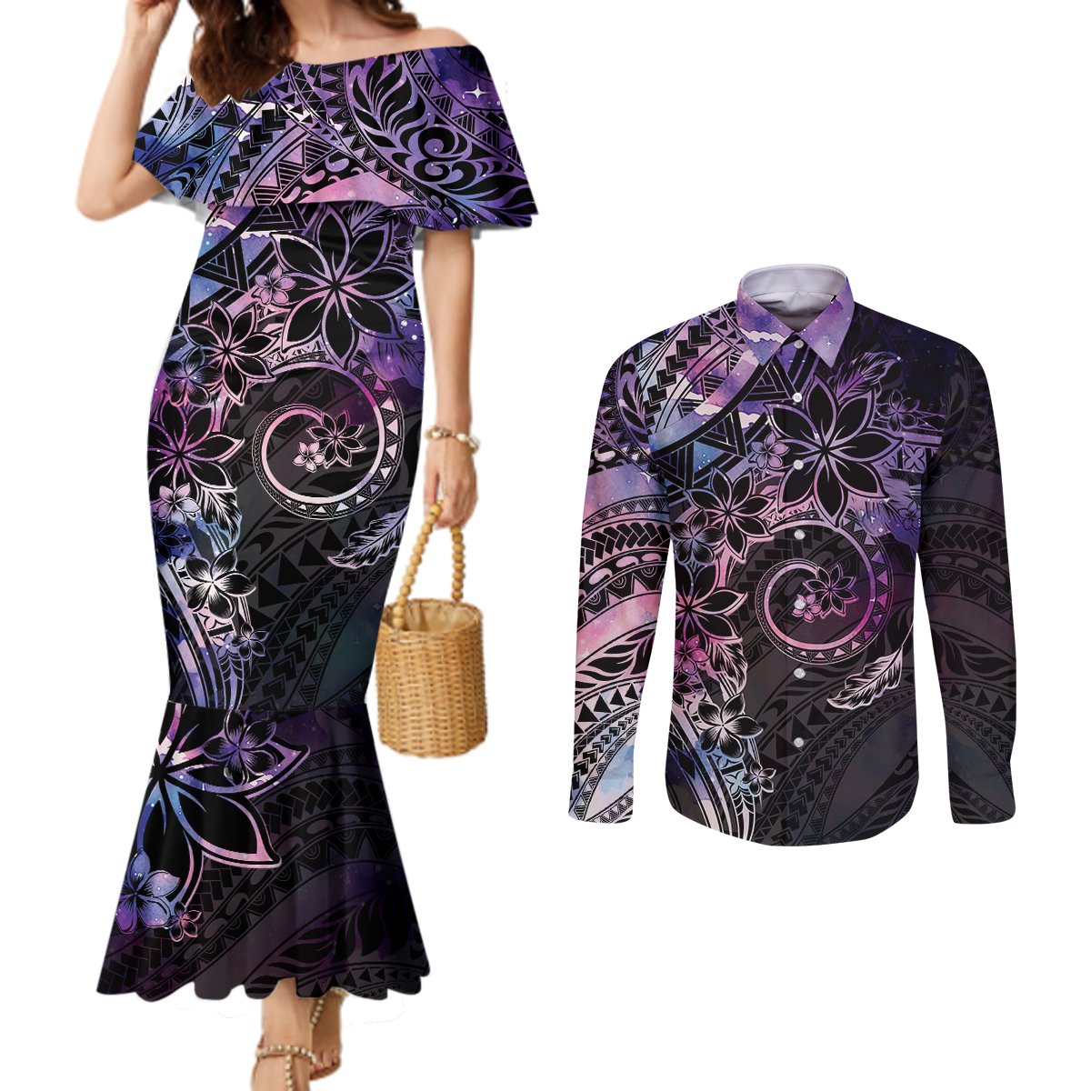 Polynesian Sunset Plumeria Couples Matching Mermaid Dress and Long Sleeve Button Shirt Galaxy Polynesian Tattoo