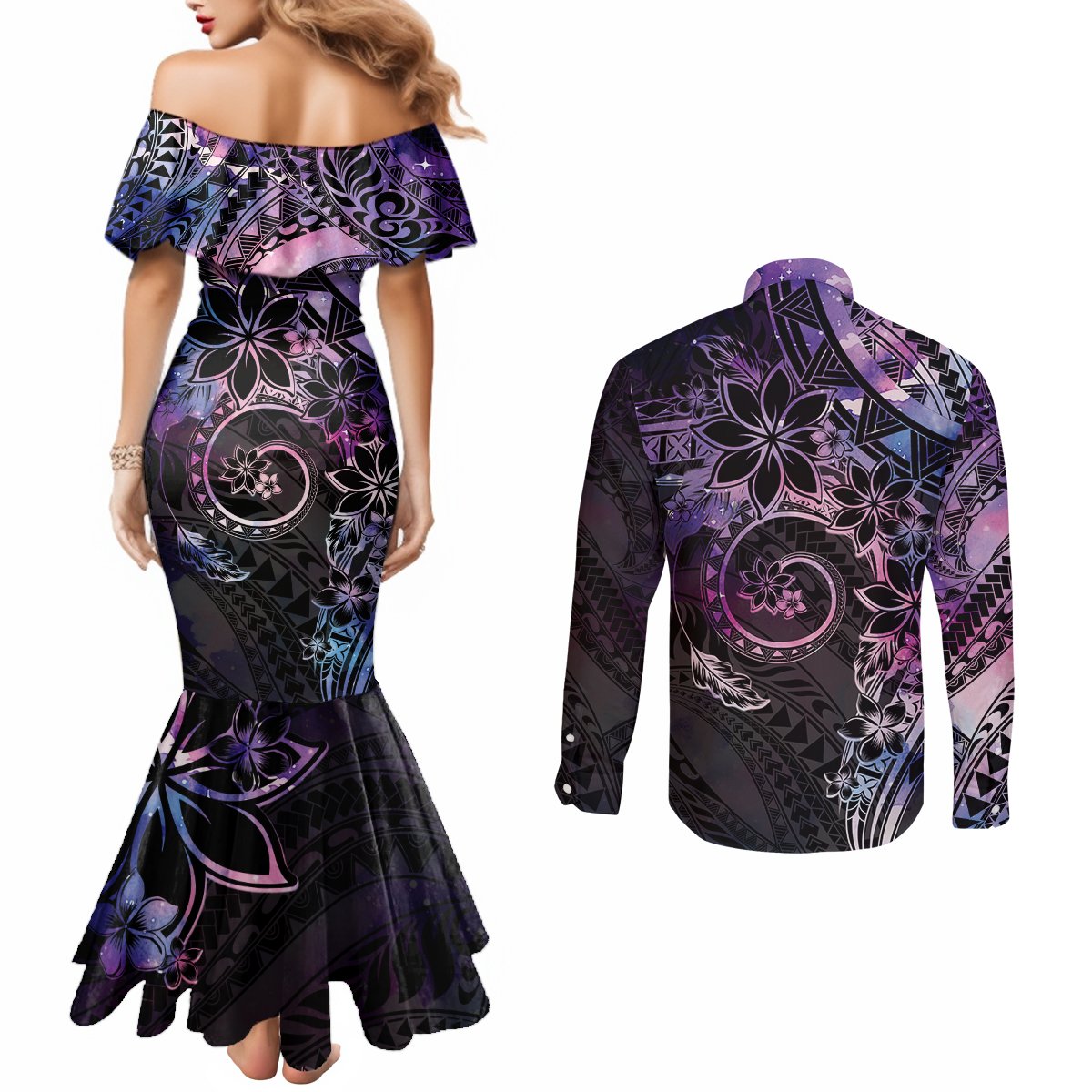 Polynesian Sunset Plumeria Couples Matching Mermaid Dress and Long Sleeve Button Shirt Galaxy Polynesian Tattoo