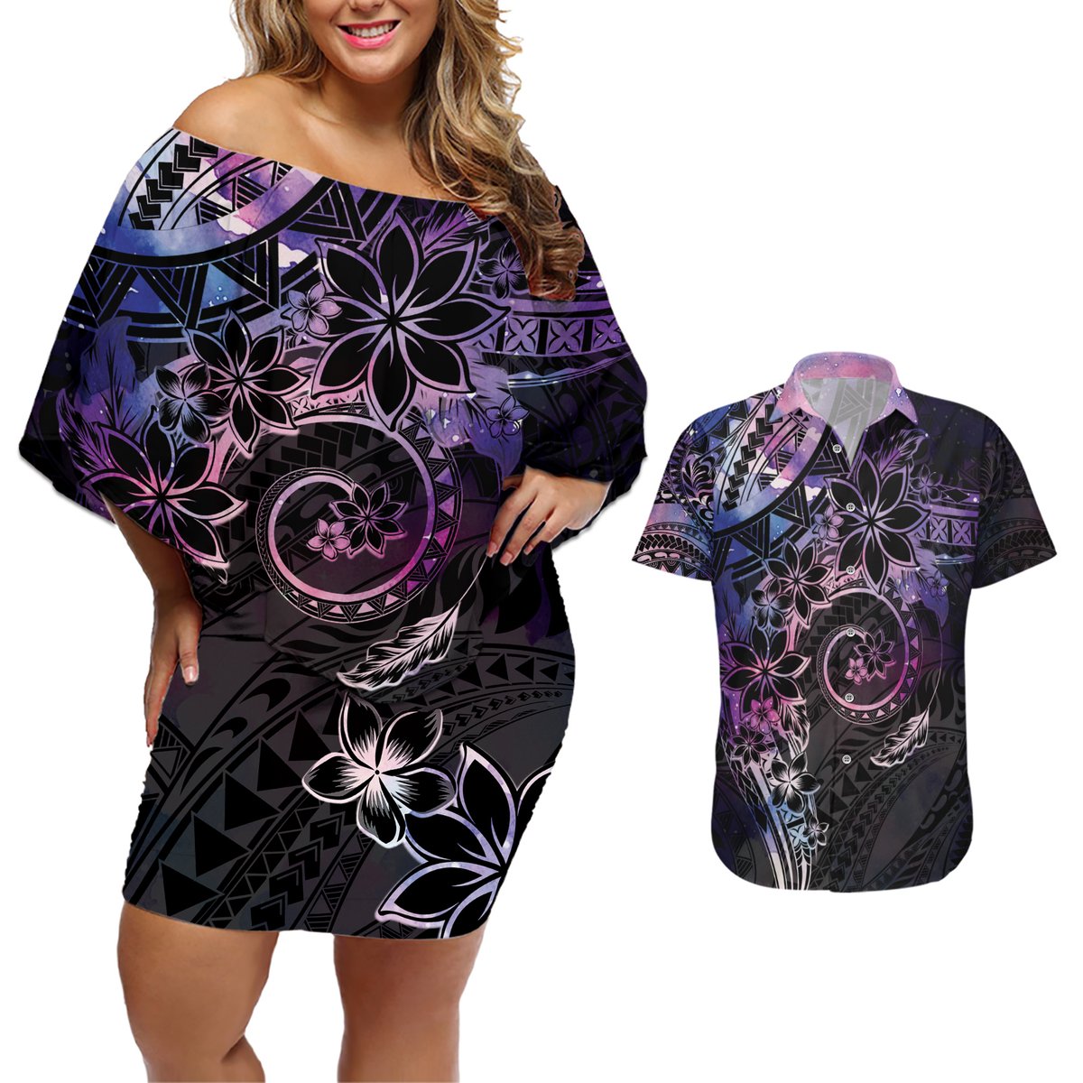 Polynesian Sunset Plumeria Couples Matching Off Shoulder Short Dress and Hawaiian Shirt Galaxy Polynesian Tattoo