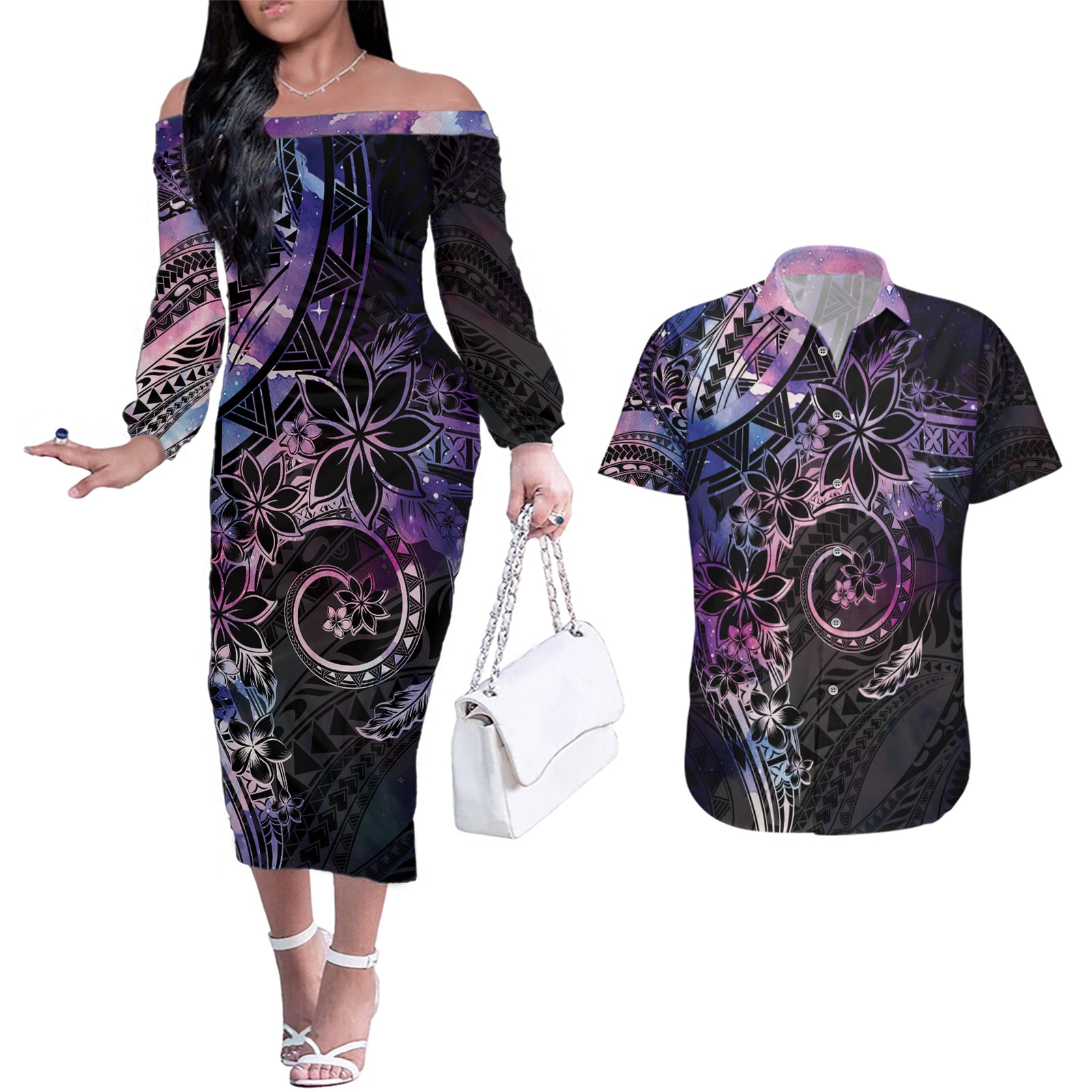 Polynesian Sunset Plumeria Couples Matching Off The Shoulder Long Sleeve Dress and Hawaiian Shirt Galaxy Polynesian Tattoo