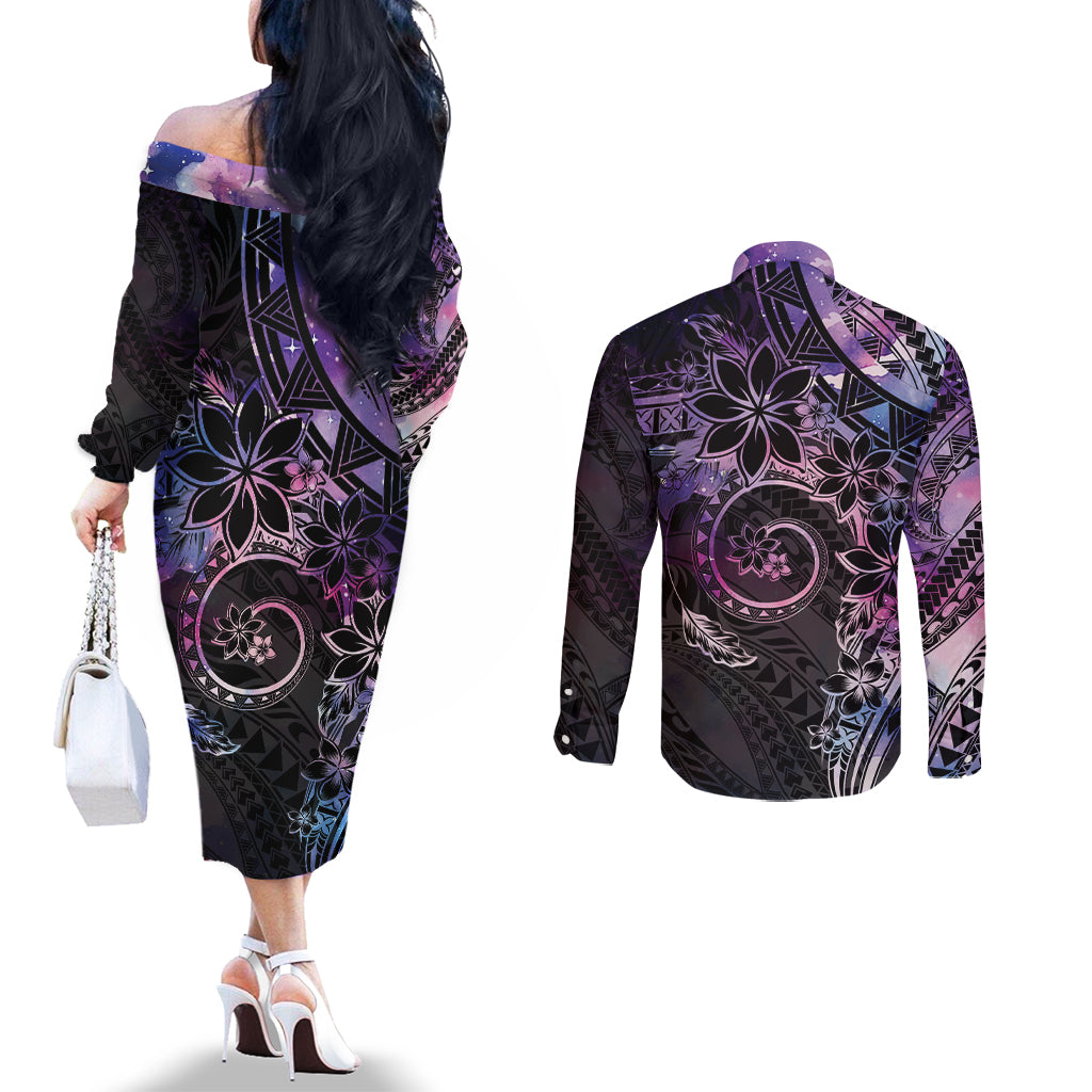 Polynesian Sunset Plumeria Couples Matching Off The Shoulder Long Sleeve Dress and Long Sleeve Button Shirt Galaxy Polynesian Tattoo