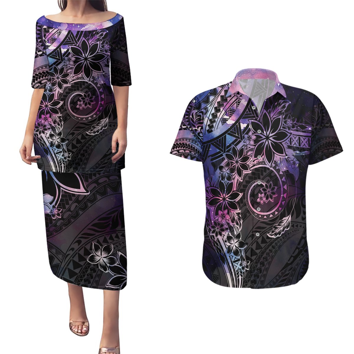 Polynesian Sunset Plumeria Couples Matching Puletasi and Hawaiian Shirt Galaxy Polynesian Tattoo LT05 Galaxy - Polynesian Pride