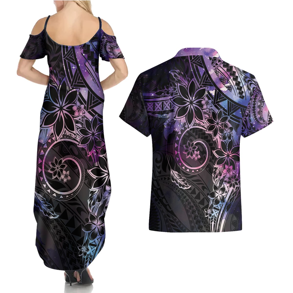 Polynesian Sunset Plumeria Couples Matching Summer Maxi Dress and Hawaiian Shirt Galaxy Polynesian Tattoo