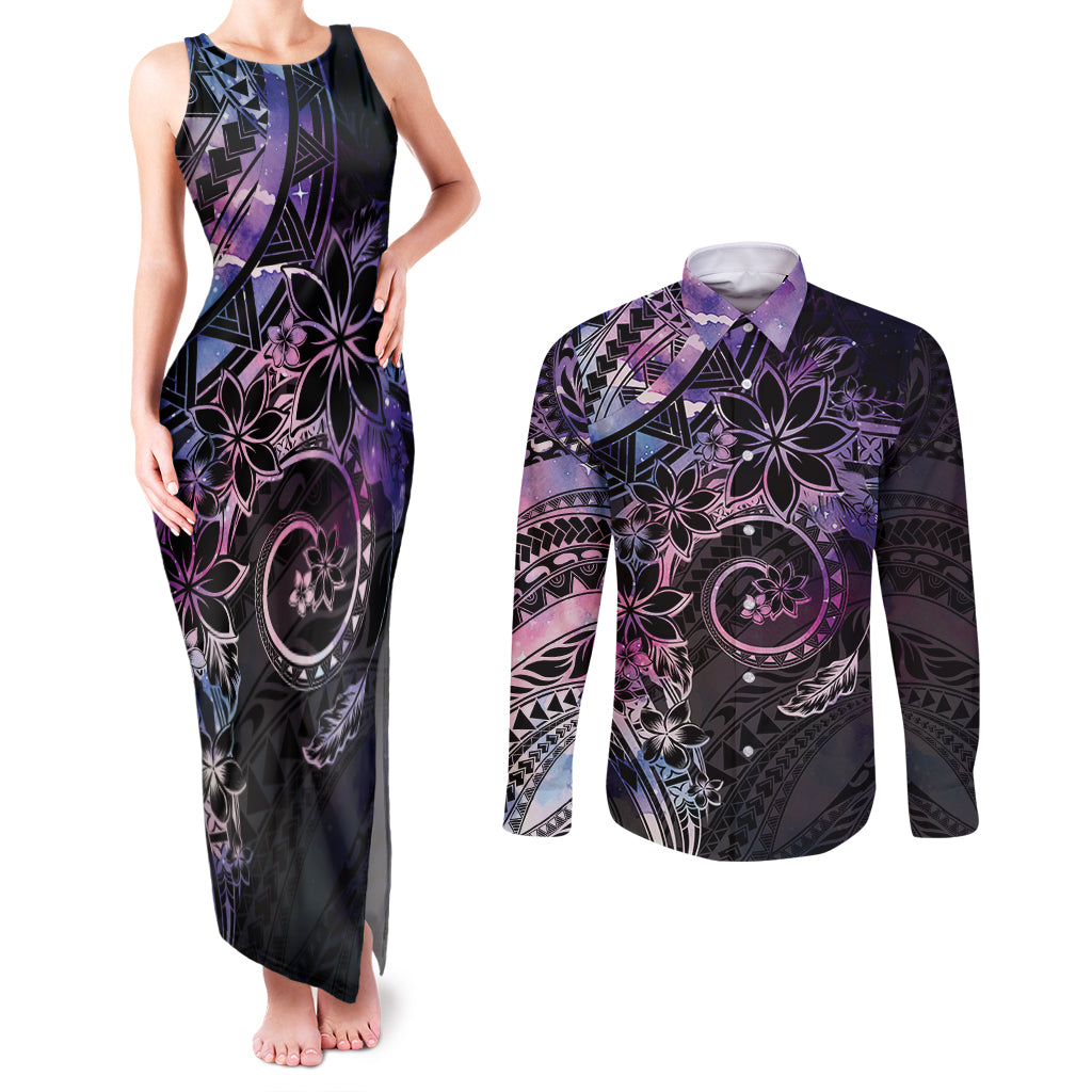 Polynesian Sunset Plumeria Couples Matching Tank Maxi Dress and Long Sleeve Button Shirt Galaxy Polynesian Tattoo LT05 Galaxy - Polynesian Pride