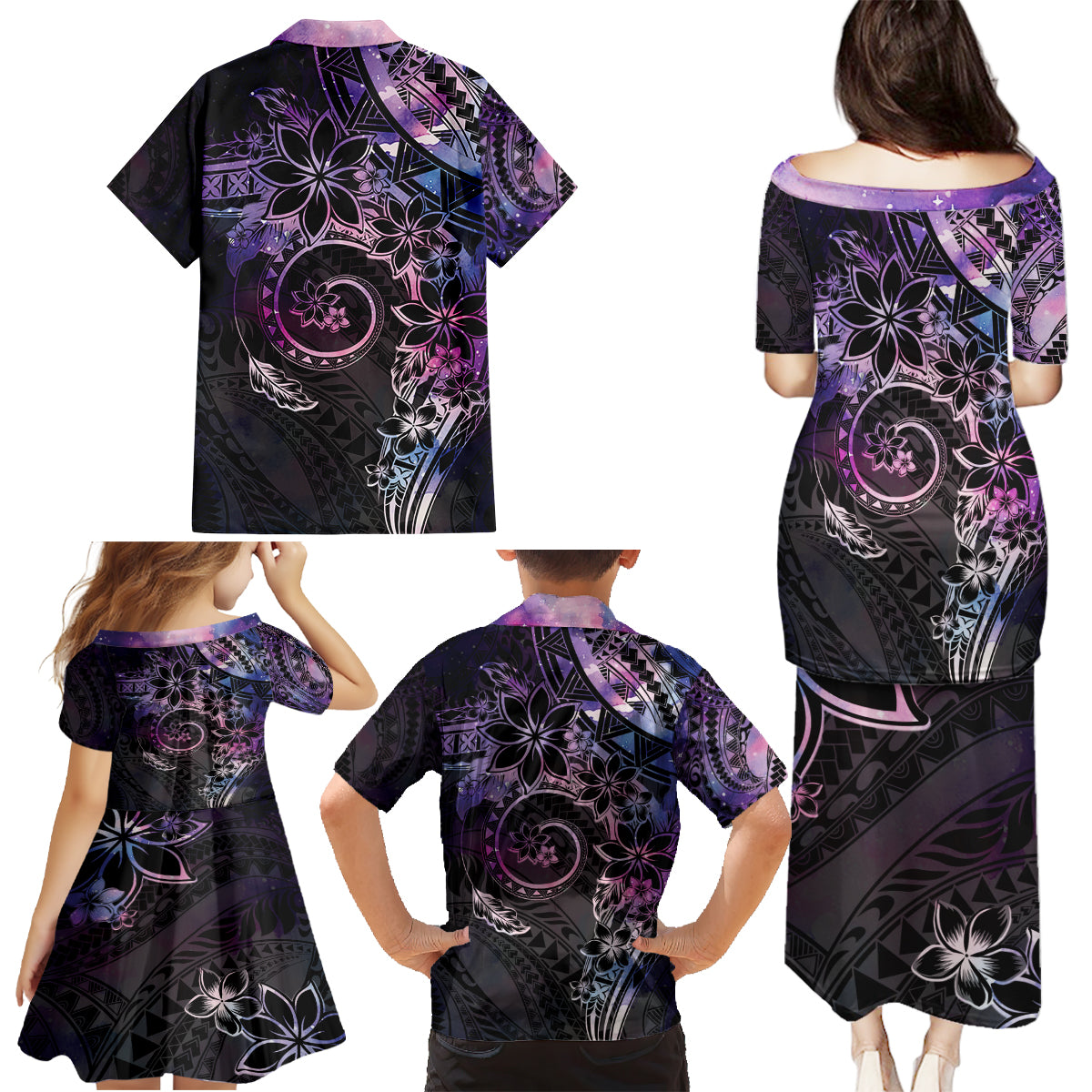 Polynesian Sunset Plumeria Family Matching Puletasi and Hawaiian Shirt Galaxy Polynesian Tattoo