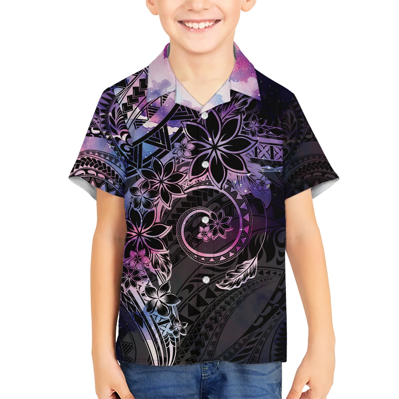Polynesian Sunset Plumeria Kid Hawaiian Shirt Galaxy Polynesian Tattoo LT05 Kid Galaxy - Polynesian Pride