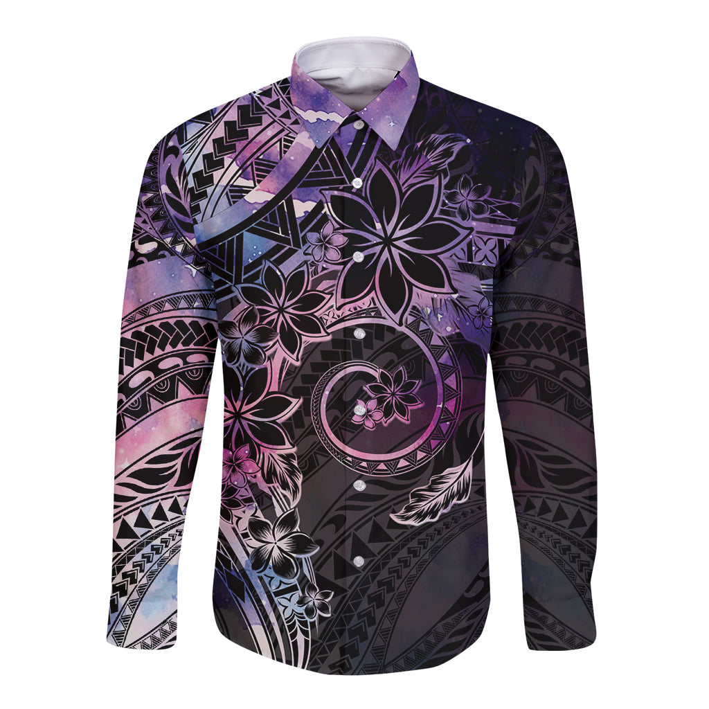 Polynesian Sunset Plumeria Long Sleeve Button Shirt Galaxy Polynesian Tattoo LT05 Unisex Galaxy - Polynesian Pride