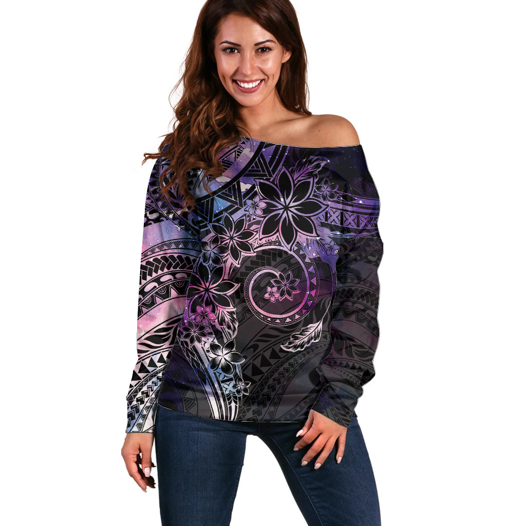 Polynesian Sunset Plumeria Off Shoulder Sweater Galaxy Polynesian Tattoo LT05 Women Galaxy - Polynesian Pride