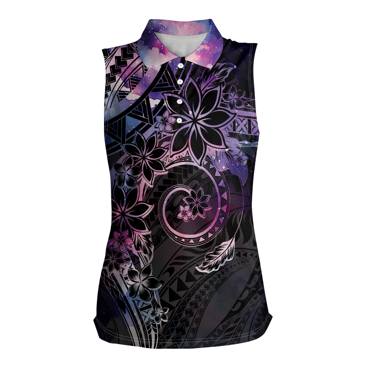 Polynesian Sunset Plumeria Women Sleeveless Polo Shirt Galaxy Polynesian Tattoo