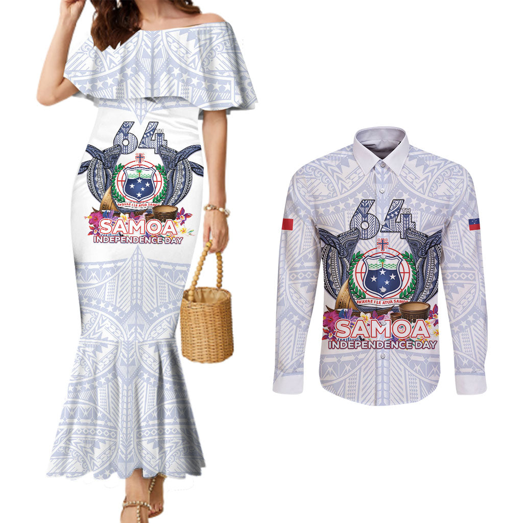 Samoa Independence Day Couples Matching Mermaid Dress and Long Sleeve Button Shirt Samoa United For A New Beginning LT05 White - Polynesian Pride