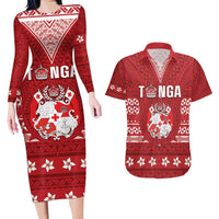 Tonga King Tupou VI Day Couples Matching Long Sleeve Bodycon Dress and Hawaiian Shirt Traditional Tongan Kupesi Pattern