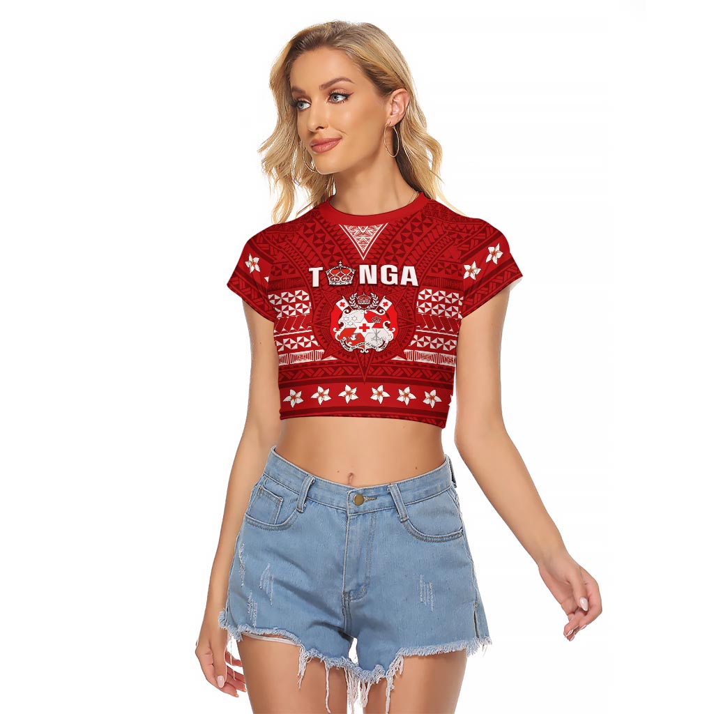 Tonga King Tupou VI Day Raglan Cropped T Shirt Traditional Tongan Kupesi Pattern LT05 Female Red - Polynesian Pride