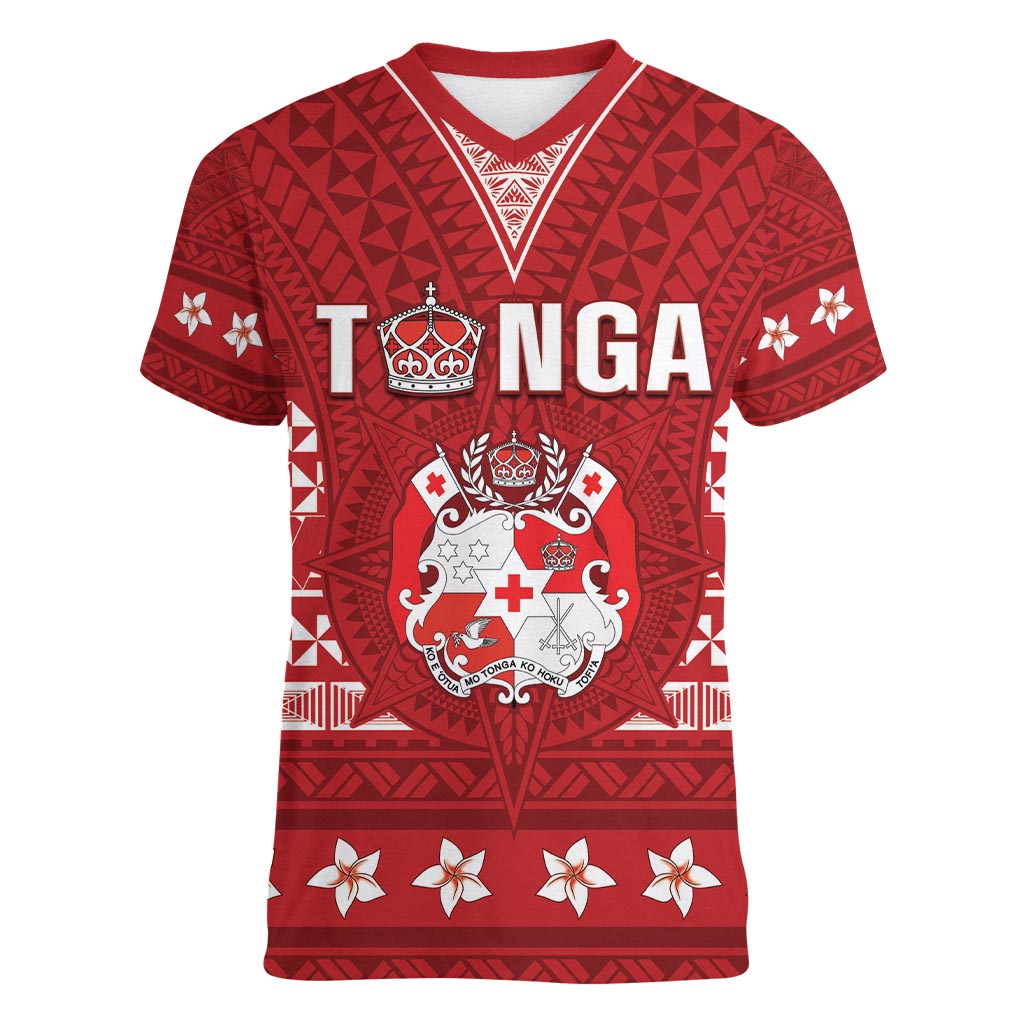 Tonga King Tupou VI Day Women V-Neck T-Shirt Traditional Tongan Kupesi Pattern LT05 Female Red - Polynesian Pride