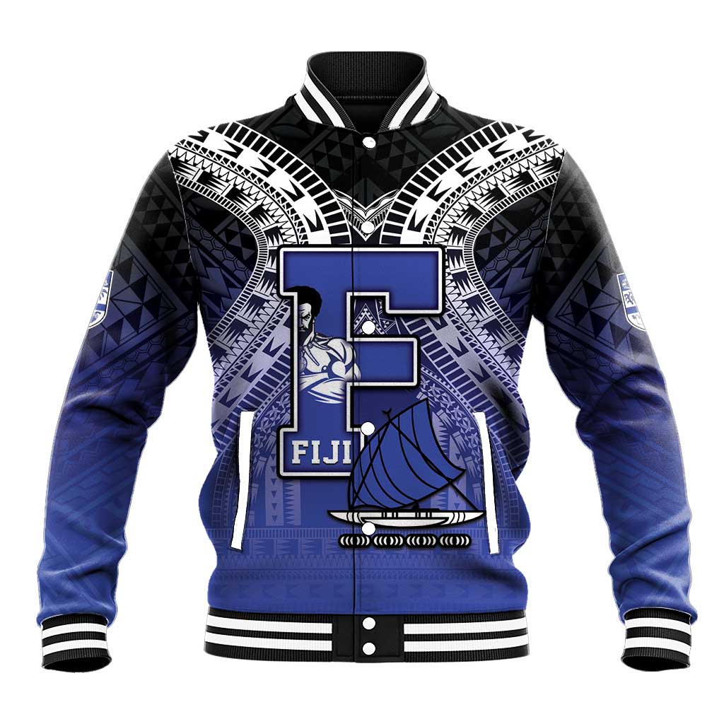 Custom Fiji Drua Baseball Jacket Fijian Tapa Pattern LT05 Unisex Blue - Polynesian Pride