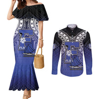 Custom Fiji Drua Couples Matching Mermaid Dress and Long Sleeve Button Shirt Fijian Tapa Pattern LT05 Blue - Polynesian Pride