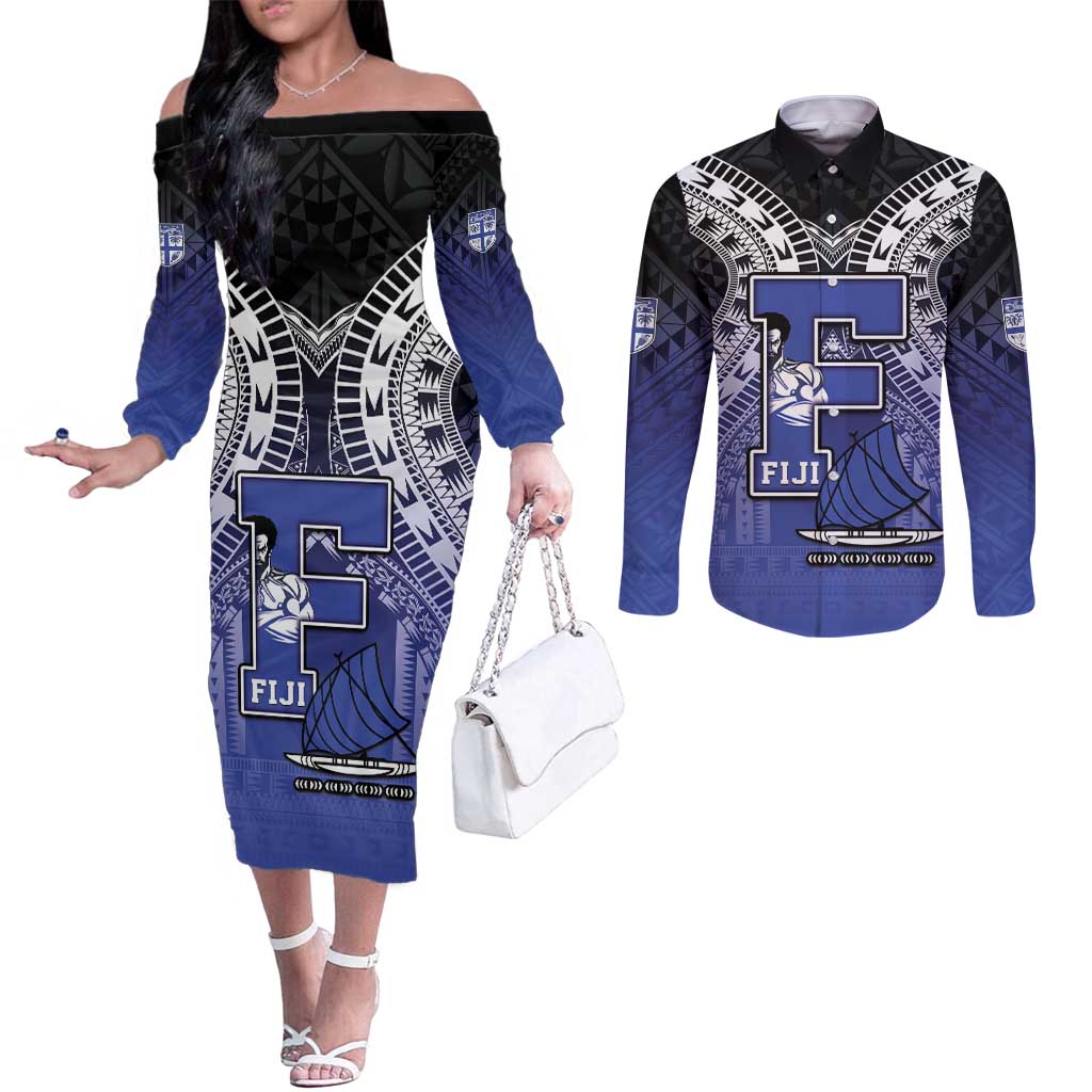 Custom Fiji Drua Couples Matching Off The Shoulder Long Sleeve Dress and Long Sleeve Button Shirt Fijian Tapa Pattern LT05 Blue - Polynesian Pride