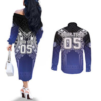 Custom Fiji Drua Couples Matching Off The Shoulder Long Sleeve Dress and Long Sleeve Button Shirt Fijian Tapa Pattern LT05 - Polynesian Pride