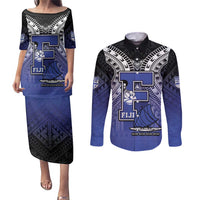 Custom Fiji Drua Couples Matching Puletasi and Long Sleeve Button Shirt Fijian Tapa Pattern LT05 Blue - Polynesian Pride