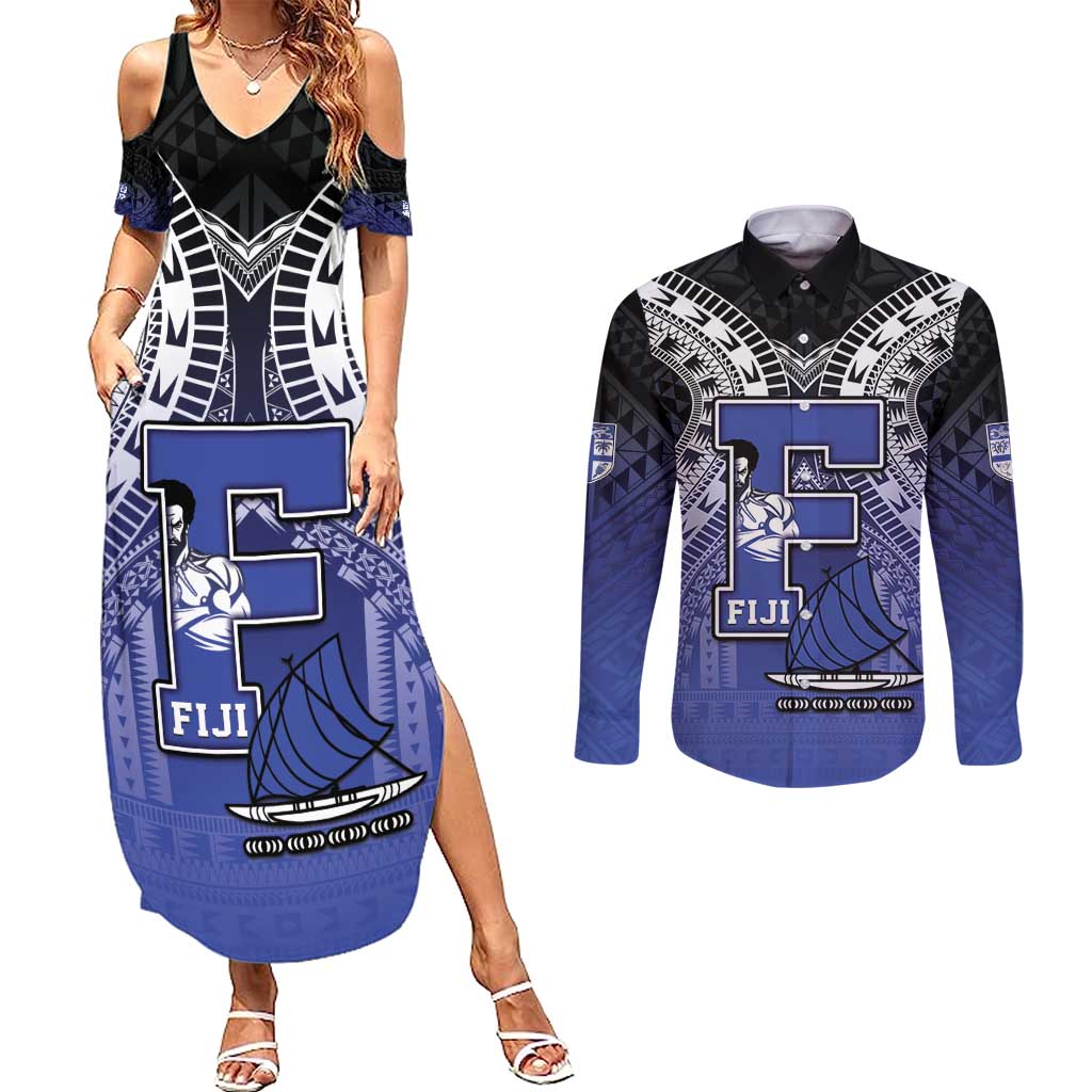 Custom Fiji Drua Couples Matching Summer Maxi Dress and Long Sleeve Button Shirt Fijian Tapa Pattern LT05 Blue - Polynesian Pride