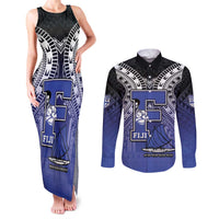 Custom Fiji Drua Couples Matching Tank Maxi Dress and Long Sleeve Button Shirt Fijian Tapa Pattern LT05 Blue - Polynesian Pride