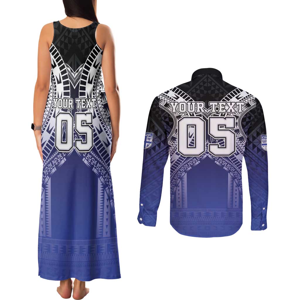 Custom Fiji Drua Couples Matching Tank Maxi Dress and Long Sleeve Button Shirt Fijian Tapa Pattern LT05 - Polynesian Pride