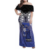 Custom Fiji Drua Family Matching Off Shoulder Maxi Dress and Hawaiian Shirt Fijian Tapa Pattern