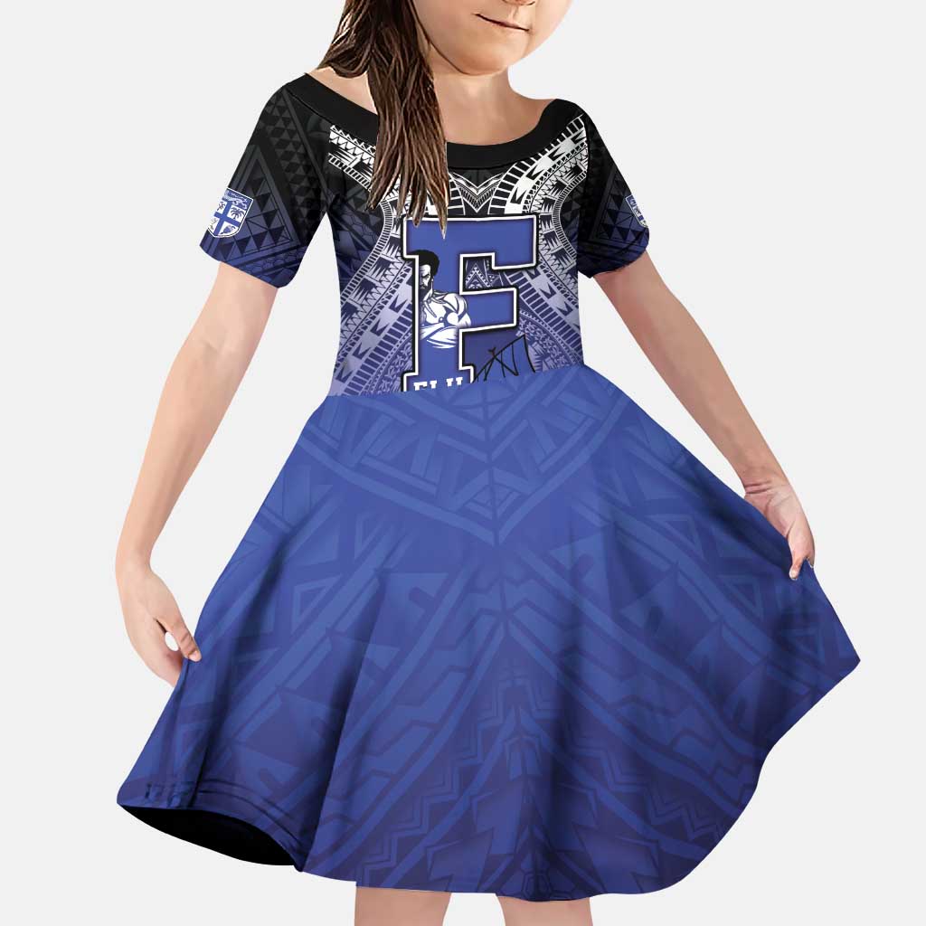 Custom Fiji Drua Family Matching Puletasi and Hawaiian Shirt Fijian Tapa Pattern LT05 Daughter's Dress Blue - Polynesian Pride