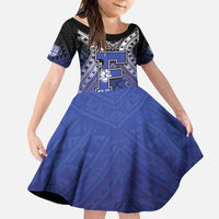 Custom Fiji Drua Family Matching Puletasi and Hawaiian Shirt Fijian Tapa Pattern LT05 Daughter's Dress Blue - Polynesian Pride