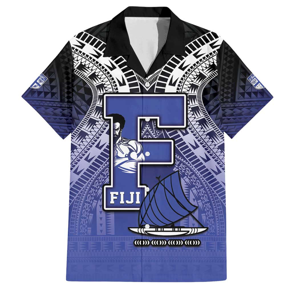 Custom Fiji Drua Family Matching Puletasi and Hawaiian Shirt Fijian Tapa Pattern LT05 Dad's Shirt - Short Sleeve Blue - Polynesian Pride