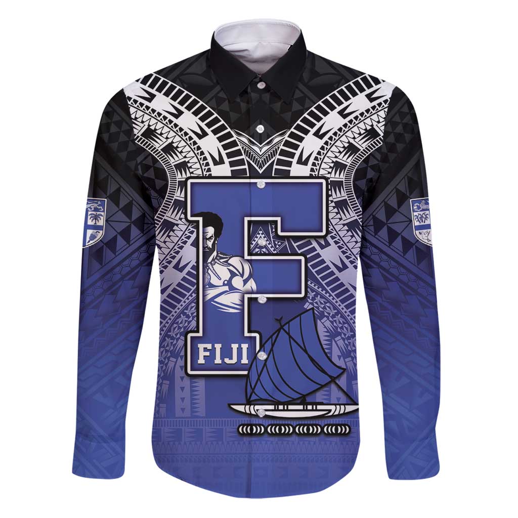 Custom Fiji Drua Family Matching Puletasi and Hawaiian Shirt Fijian Tapa Pattern LT05 Dad's Shirt - Long Sleeve Blue - Polynesian Pride