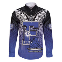 Custom Fiji Drua Family Matching Puletasi and Hawaiian Shirt Fijian Tapa Pattern LT05 Dad's Shirt - Long Sleeve Blue - Polynesian Pride
