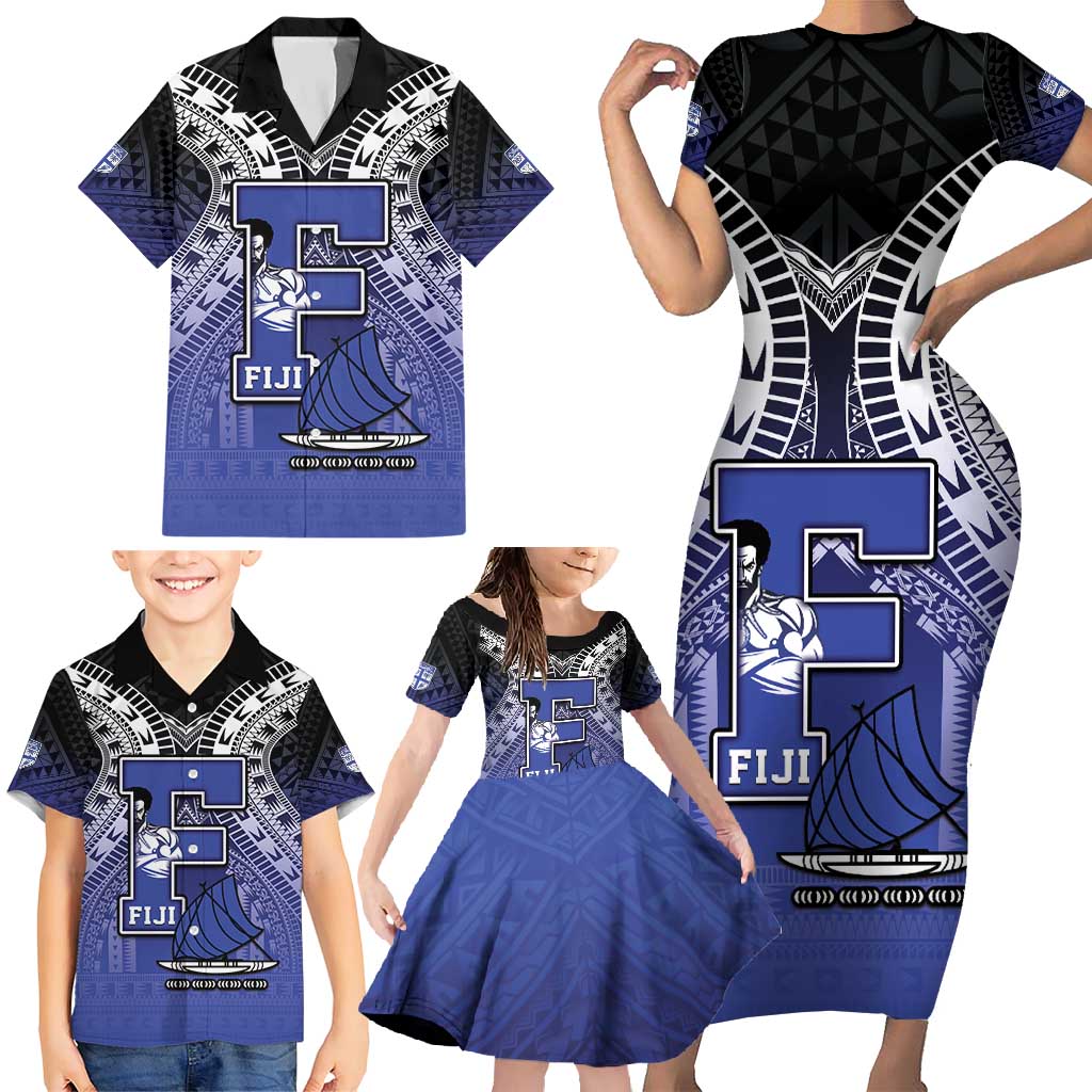 Custom Fiji Drua Family Matching Short Sleeve Bodycon Dress and Hawaiian Shirt Fijian Tapa Pattern