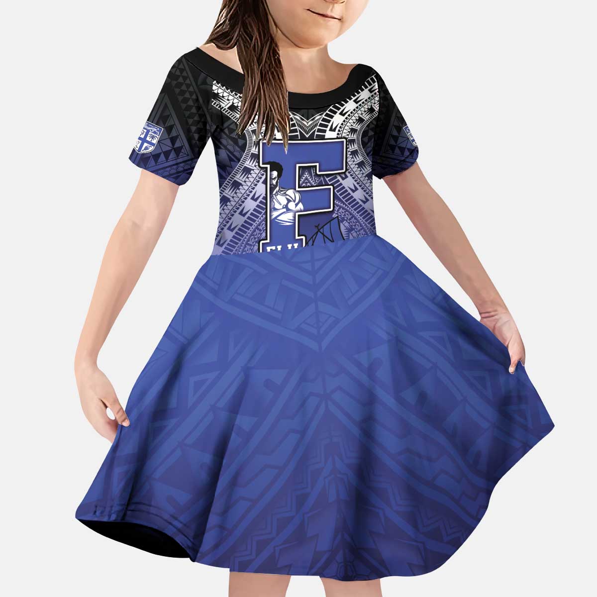 Custom Fiji Drua Kid Short Sleeve Dress Fijian Tapa Pattern LT05 KID Blue - Polynesian Pride