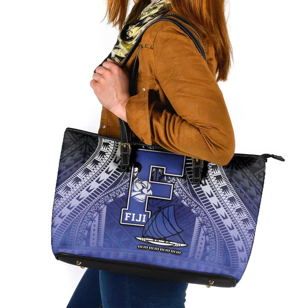 Fiji Drua Leather Tote Bag Fijian Tapa Pattern