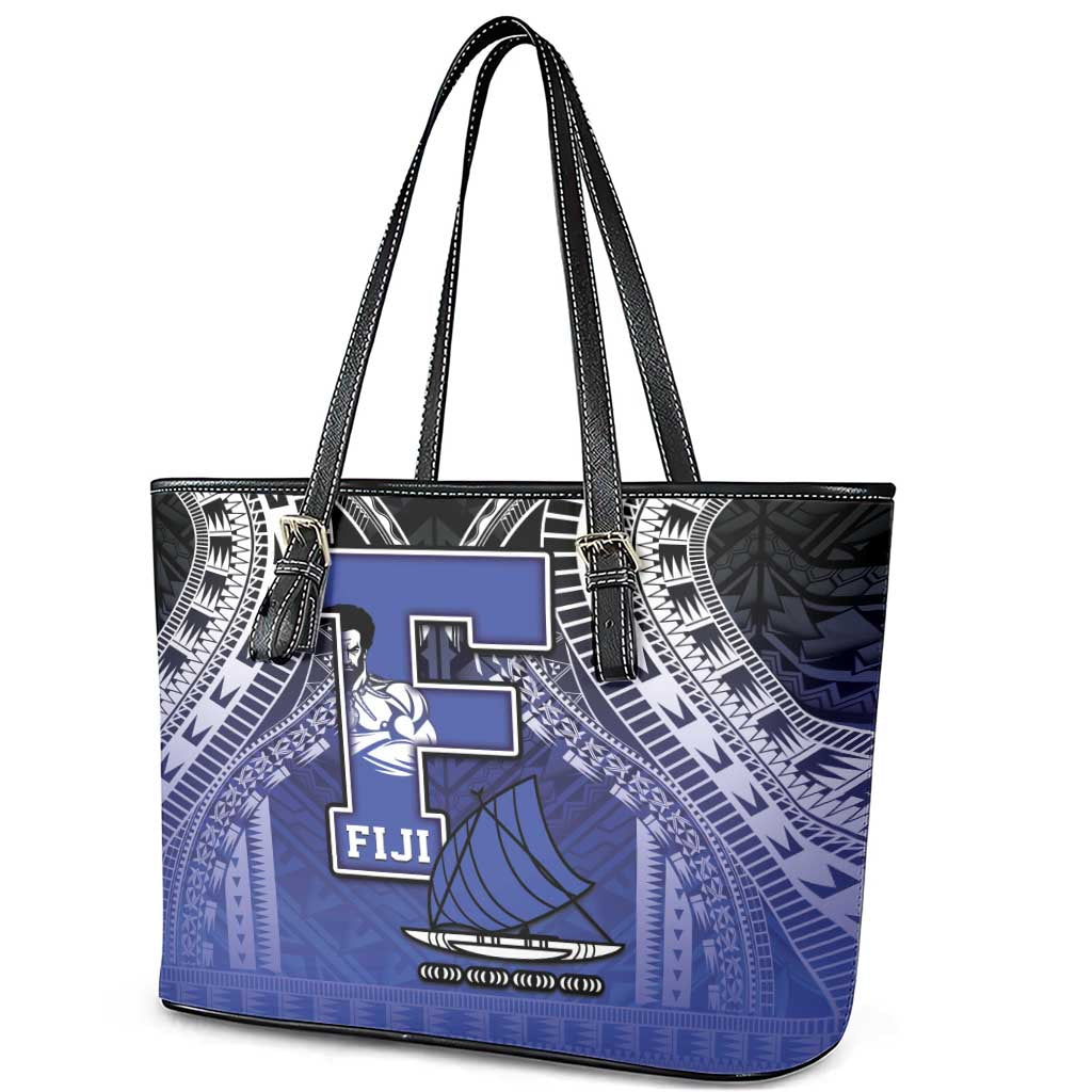 Fiji Drua Leather Tote Bag Fijian Tapa Pattern