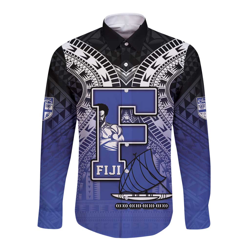 Custom Fiji Drua Long Sleeve Button Shirt Fijian Tapa Pattern LT05 Unisex Blue - Polynesian Pride