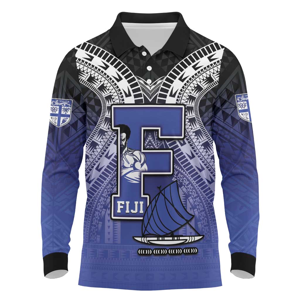 Custom Fiji Drua Long Sleeve Polo Shirt Fijian Tapa Pattern LT05 Blue - Polynesian Pride