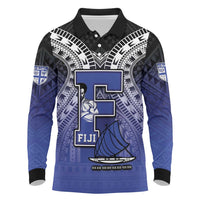 Custom Fiji Drua Long Sleeve Polo Shirt Fijian Tapa Pattern LT05 Blue - Polynesian Pride