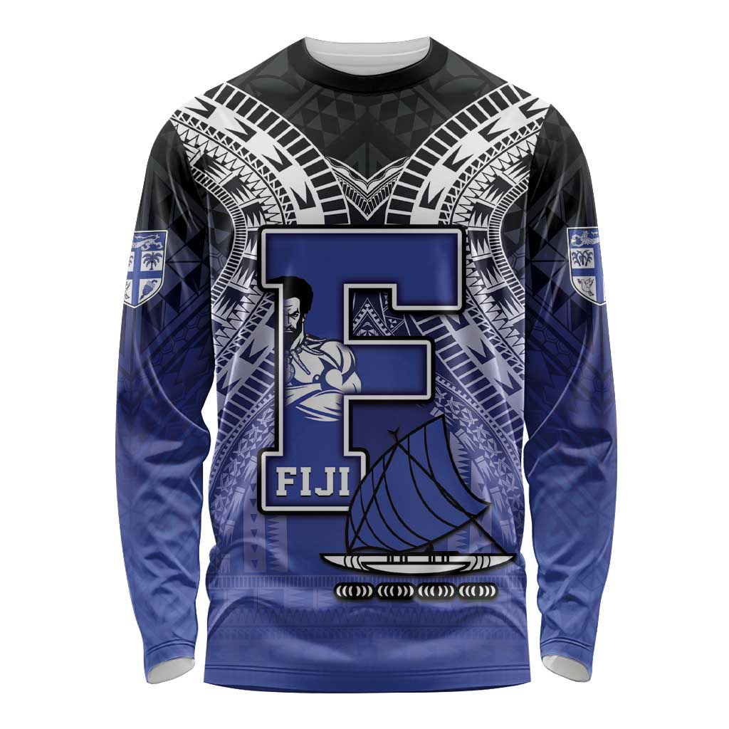 Custom Fiji Drua Long Sleeve Shirt Fijian Tapa Pattern LT05 Unisex Blue - Polynesian Pride