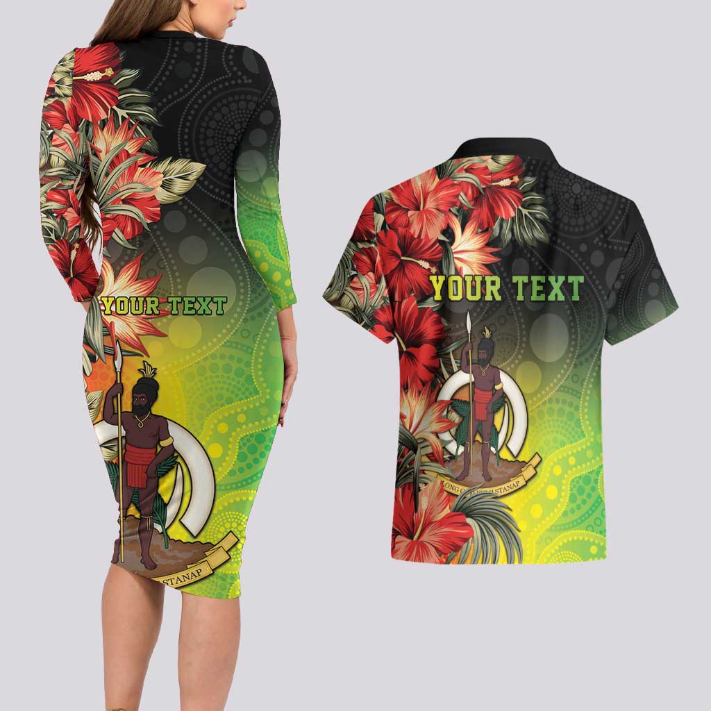 Aboriginal Dot Art Vanuatu Personalised Couples Matching Long Sleeve Bodycon Dress and Hawaiian Shirt Tropical Flowers