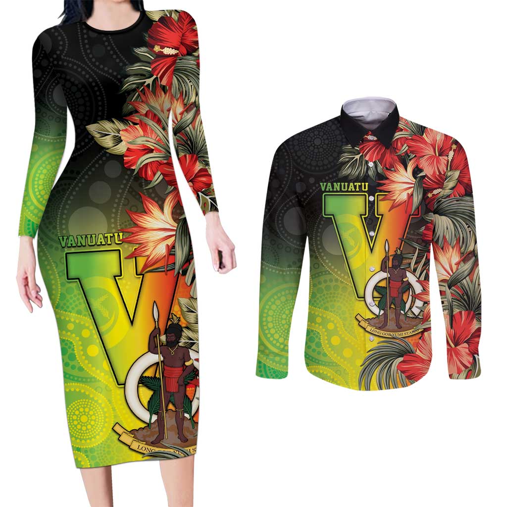 Aboriginal Dot Art Vanuatu Personalised Couples Matching Long Sleeve Bodycon Dress and Long Sleeve Button Shirt Tropical Flowers LT05 Reggae - Polynesian Pride