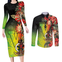 Aboriginal Dot Art Vanuatu Personalised Couples Matching Long Sleeve Bodycon Dress and Long Sleeve Button Shirt Tropical Flowers LT05 Reggae - Polynesian Pride