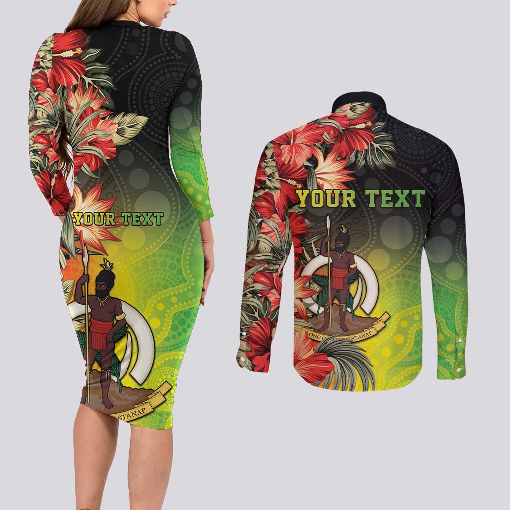 Aboriginal Dot Art Vanuatu Personalised Couples Matching Long Sleeve Bodycon Dress and Long Sleeve Button Shirt Tropical Flowers LT05 - Polynesian Pride