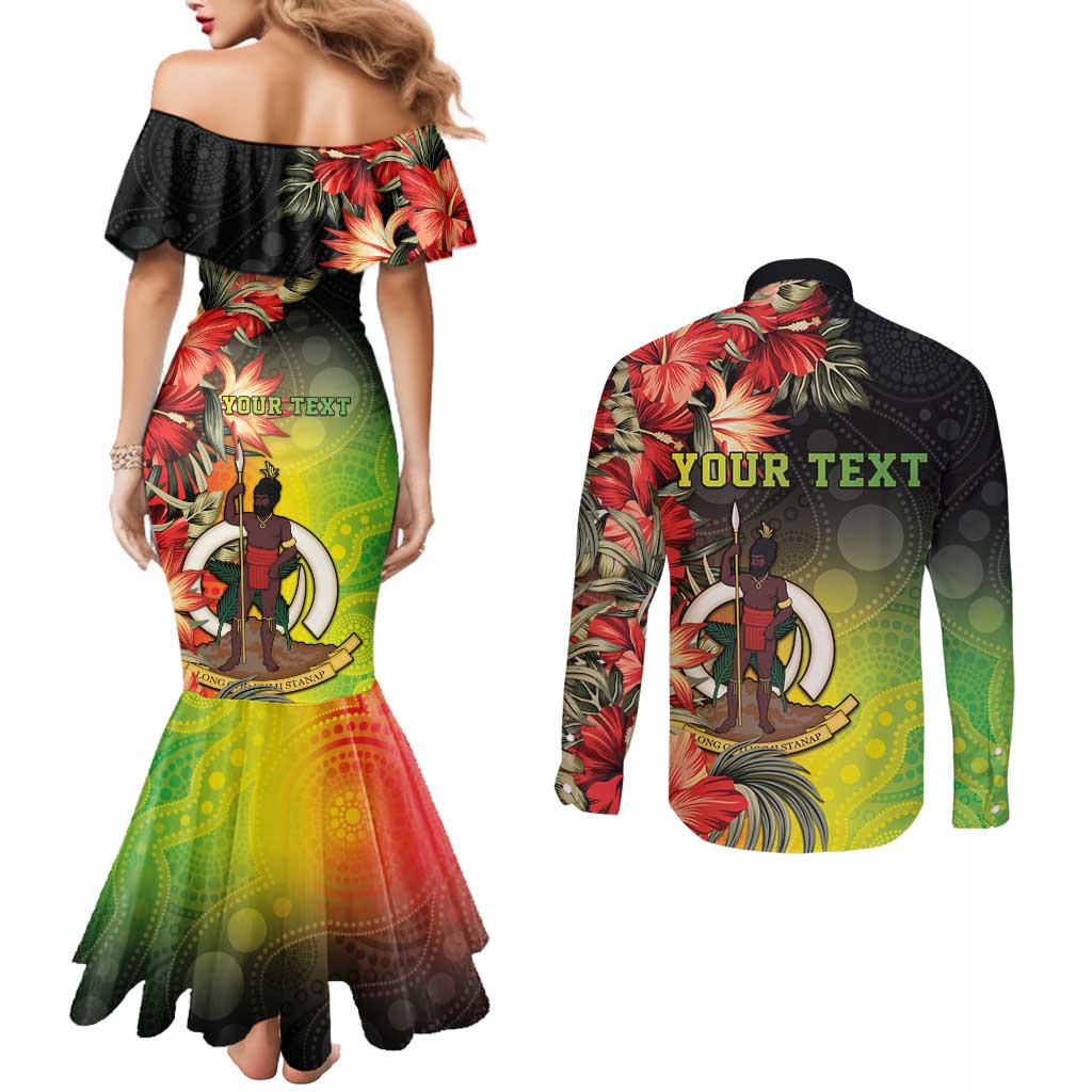 Aboriginal Dot Art Vanuatu Personalised Couples Matching Mermaid Dress and Long Sleeve Button Shirt Tropical Flowers LT05 - Polynesian Pride