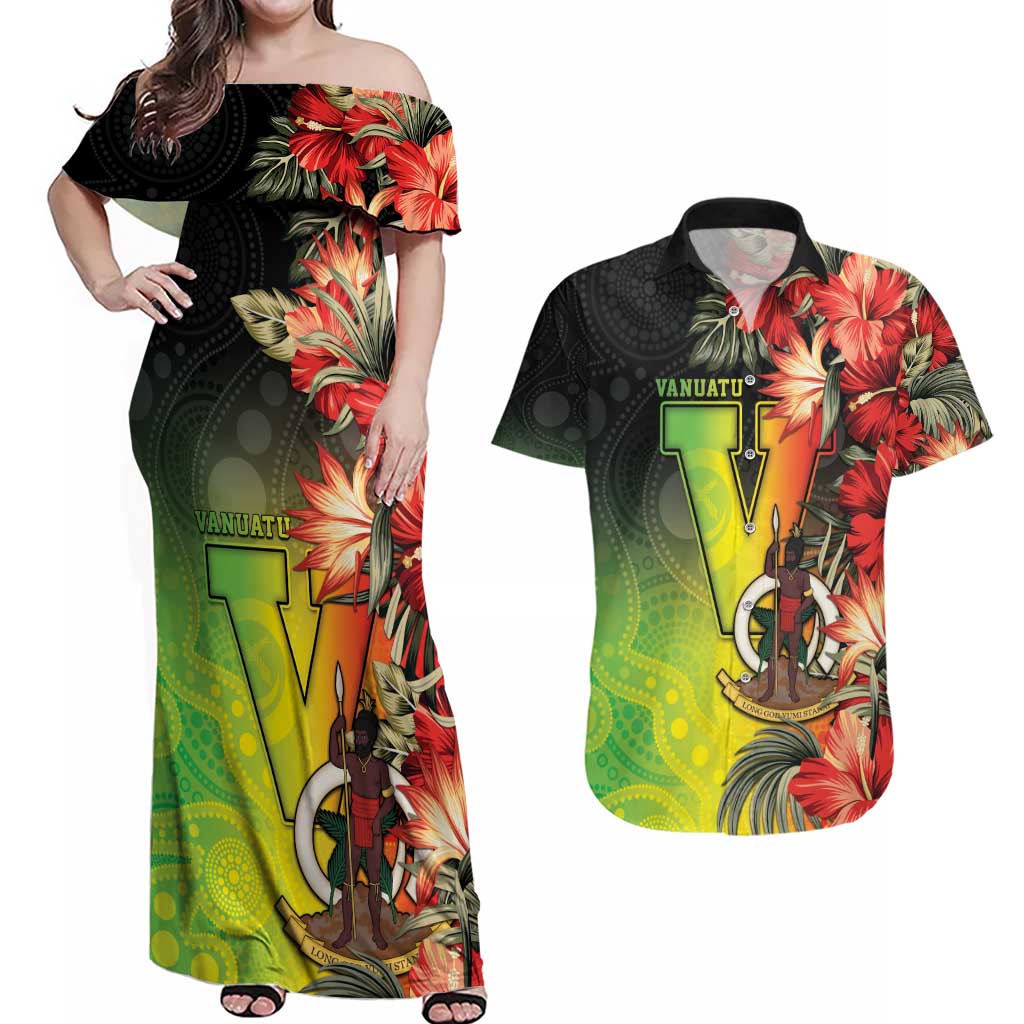 Aboriginal Dot Art Vanuatu Personalised Couples Matching Off Shoulder Maxi Dress and Hawaiian Shirt Tropical Flowers