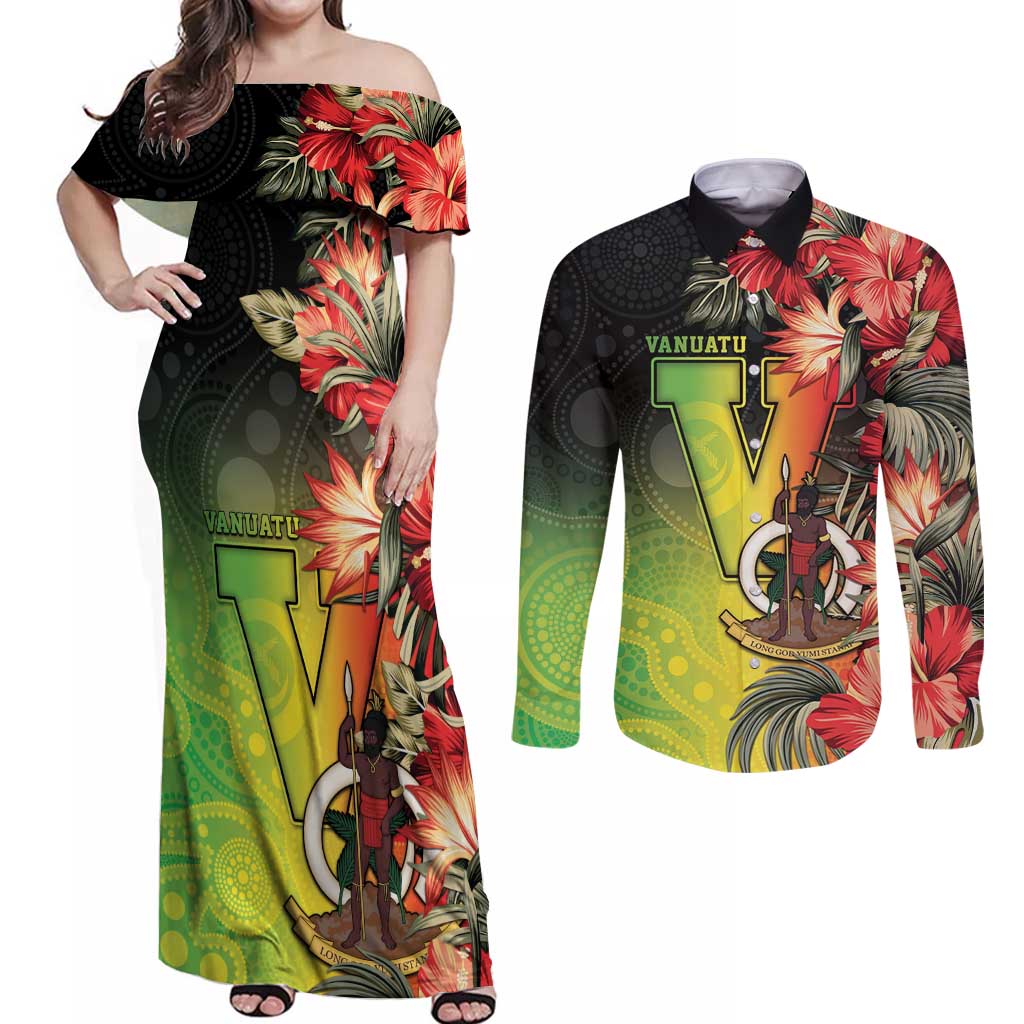 Aboriginal Dot Art Vanuatu Personalised Couples Matching Off Shoulder Maxi Dress and Long Sleeve Button Shirt Tropical Flowers LT05 Reggae - Polynesian Pride