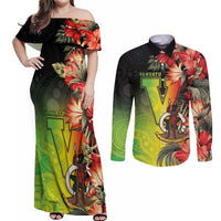 Aboriginal Dot Art Vanuatu Personalised Couples Matching Off Shoulder Maxi Dress and Long Sleeve Button Shirt Tropical Flowers LT05 Reggae - Polynesian Pride